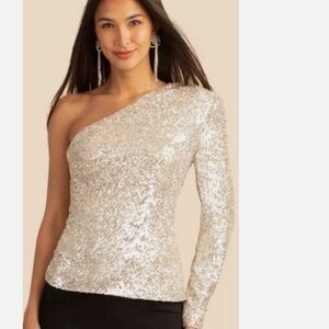 Trina Turk Over The Moon Sequin One-Sleeve Champagne  Sequin Top